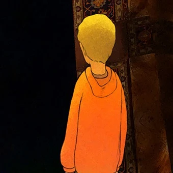 Painted still of a boy in an orange hoodie standing before a carpet curtain