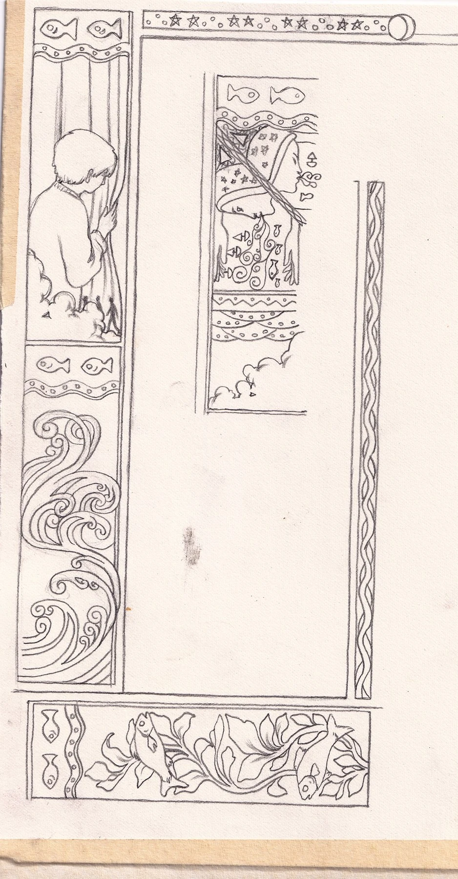 Pencil drawing of the border panels: the boy at the curtain, the masked figure with stars, curling waves, and fish among leaves