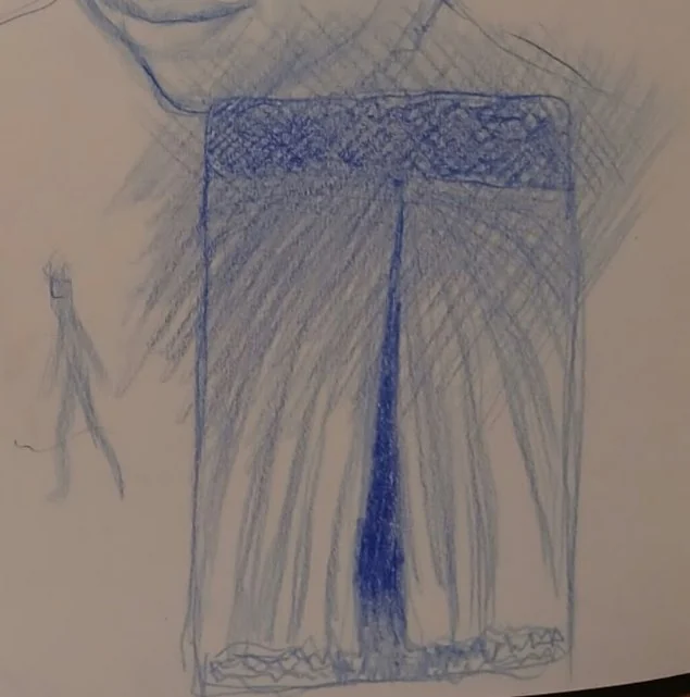 Blue pencil thumbnail of a tall curtain with a dark vertical opening, and a small figure sketched to one side