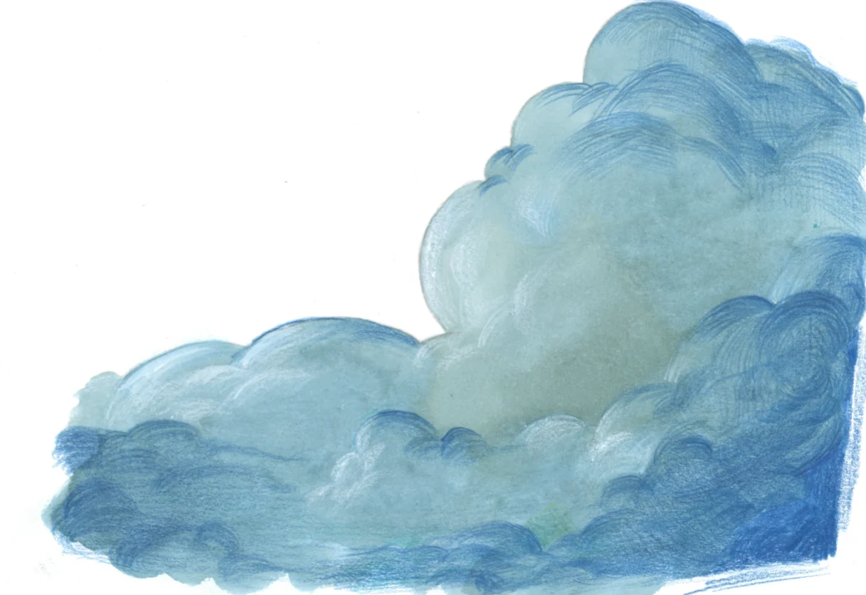 A cumulus cloud painted in blue-grey watercolour and worked over with blue and white colour pencil