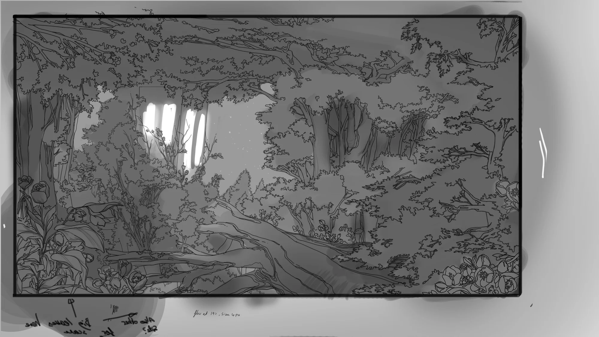 Digital line layout of a dense forest with a fallen trunk, flowers in the foreground and pale light through the trees, blocked in with grey tones