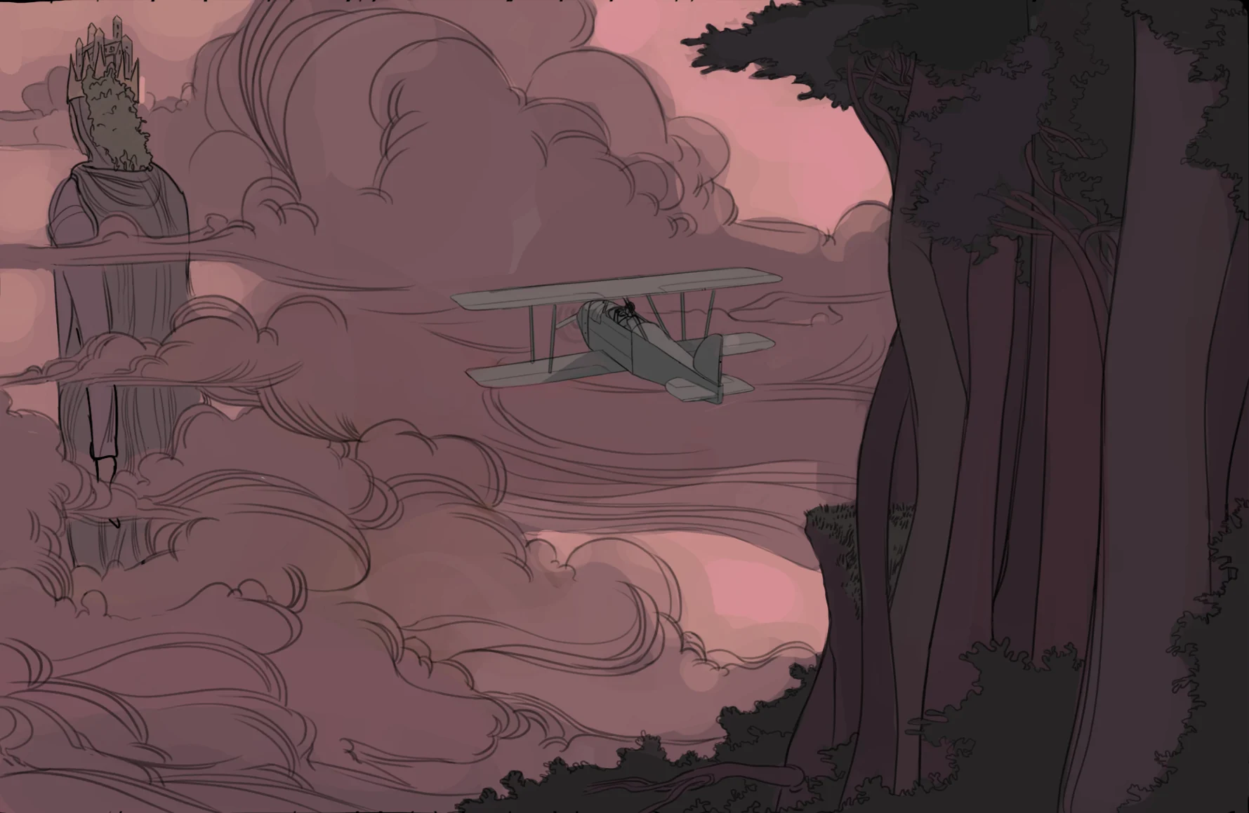 A biplane flying through pink clouds past a towering giant wearing a castle crown, with dark trees in the foreground
