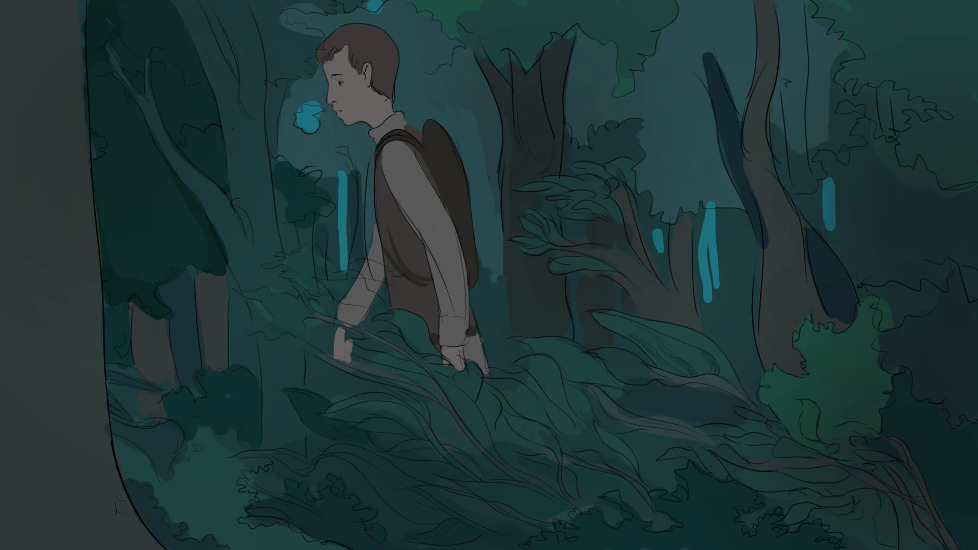 A boy with a satchel wading through dense undergrowth in a dark blue-green forest