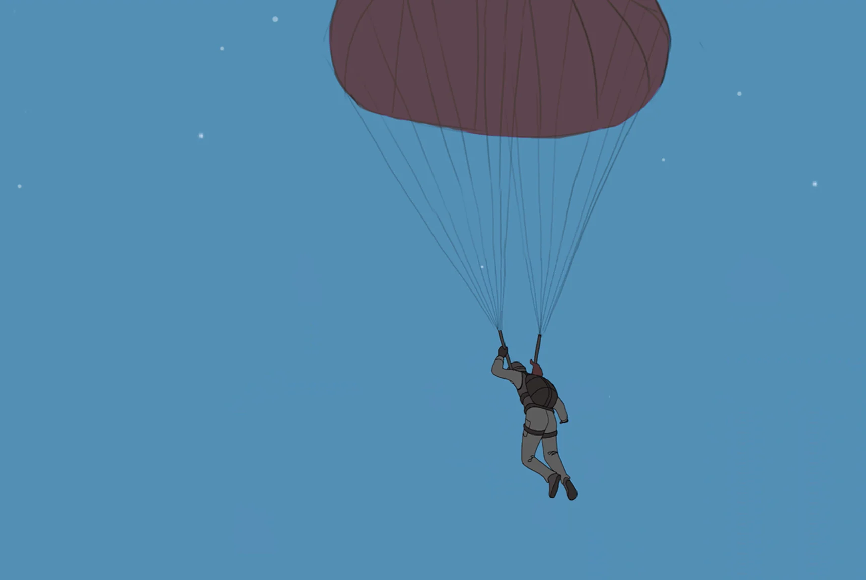 A figure hanging from a maroon parachute against a starry blue sky