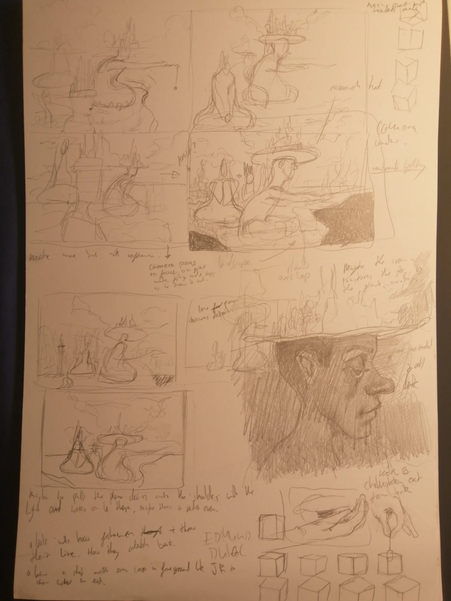 Sketchbook page of pencil thumbnails showing seated giants wearing crowns topped with castles among clouds, a shaded profile portrait, and handwritten notes