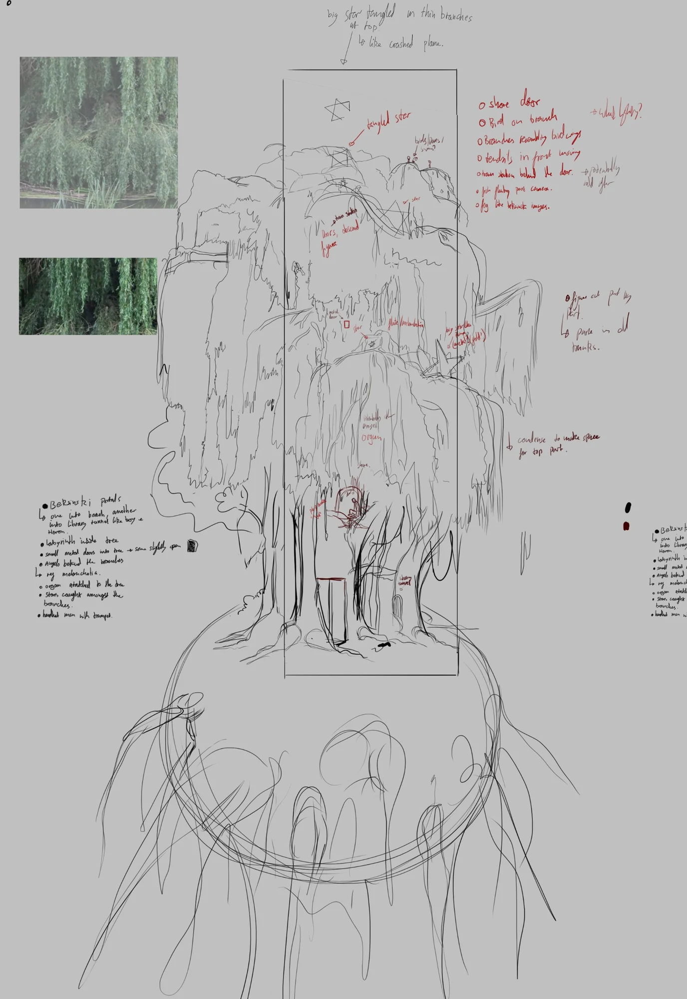 Rough digital sketch of a giant willow tree on a floating mound, covered in handwritten notes in black and red about stars, doors, an organ and portals