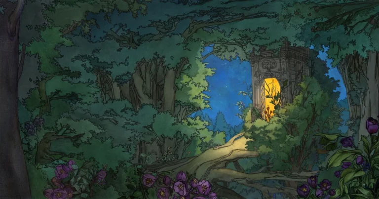 A night forest with an ornate glowing doorway among the trees under a starry blue sky, purple flowers in front