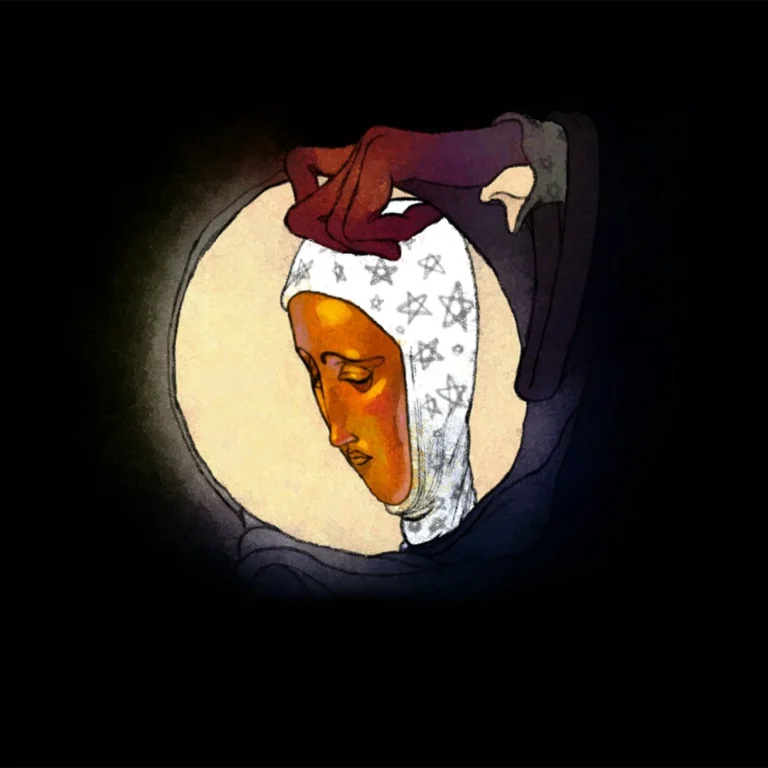 A figure in a white star-patterned hood with a golden face, a red-gloved hand resting on their head, against a pale moon