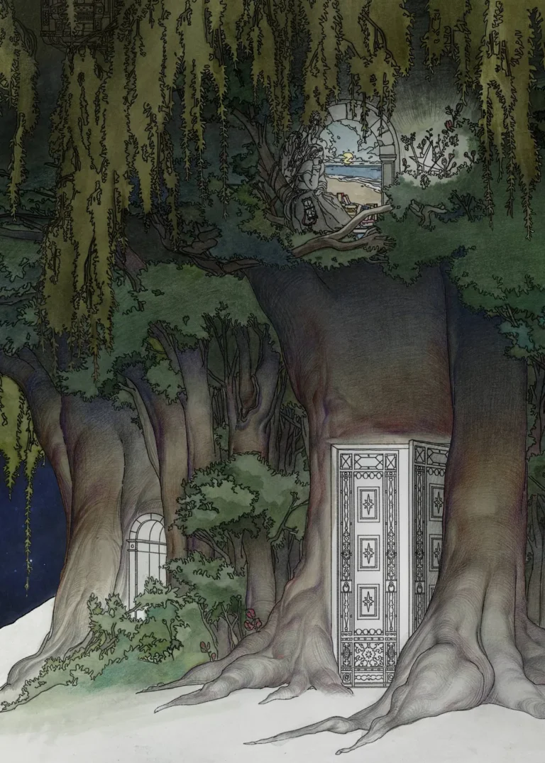 Huge trees hung with moss, an ornate white door set into one trunk and a figure reading in a window above