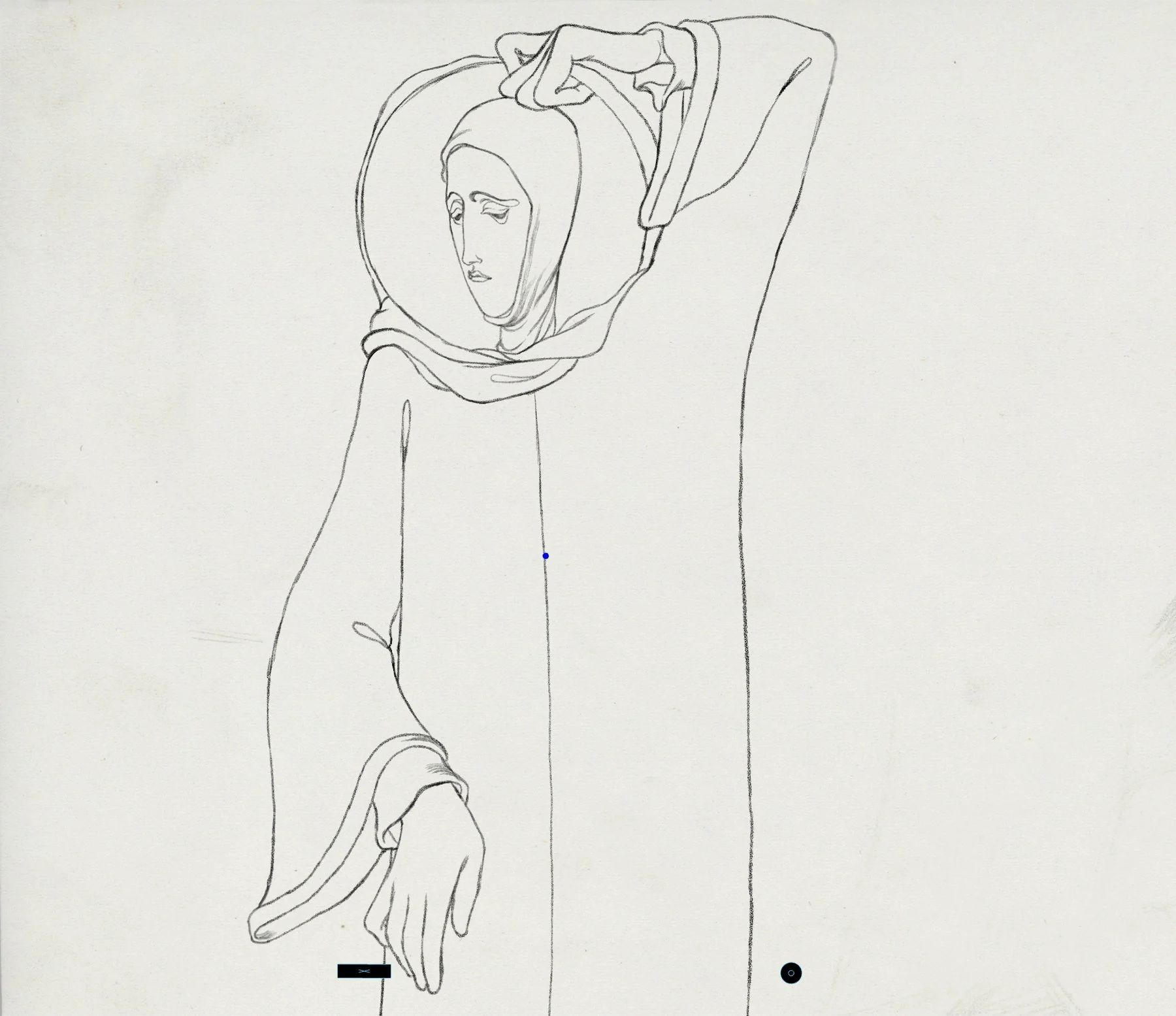 Clean pencil line keyframe of the masked figure holding a round halo behind her head, one hand raised above it and the other hanging down