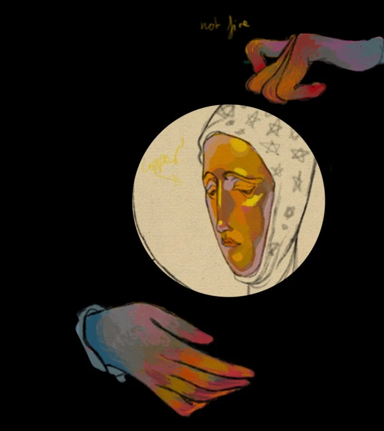 Digital colour test of the face glowing gold inside a pale circle on black, with two hands painted in warm reds, pinks and blues