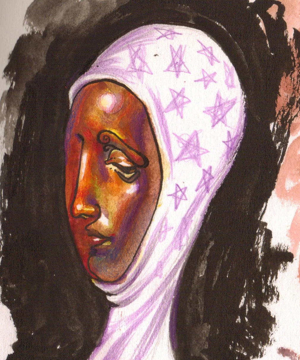 Painted study of the masked face in deep orange, red and violet, under a white hood patterned with violet stars, against black ink