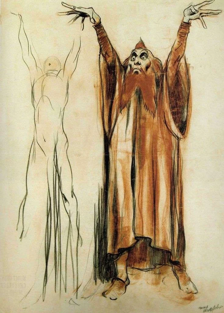 Charcoal and red chalk sketch of a robed, bearded figure with arms raised, beside a loose figure drawing
