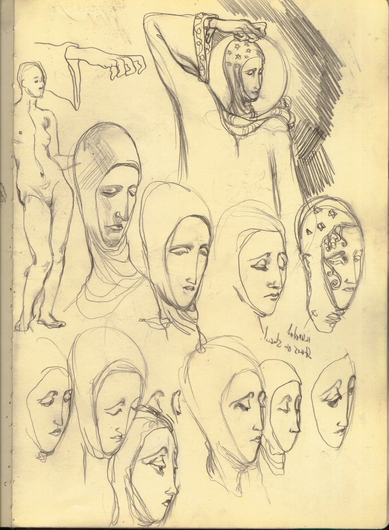 Sketchbook page of many hooded, mask-like faces with closed eyes, and a figure holding a halo