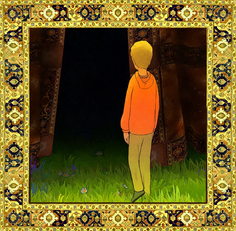 Curtain Approach: a boy in an orange hoodie stands on grass before a dark opening between hanging carpets, inside a gold carpet border