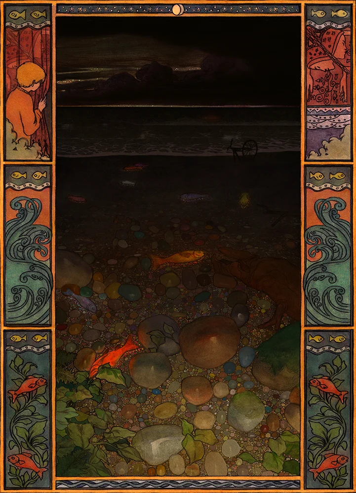 The Beach Behind Curtains: a night shoreline above a seabed of stones and glowing fish, framed by painted panels of waves and fish