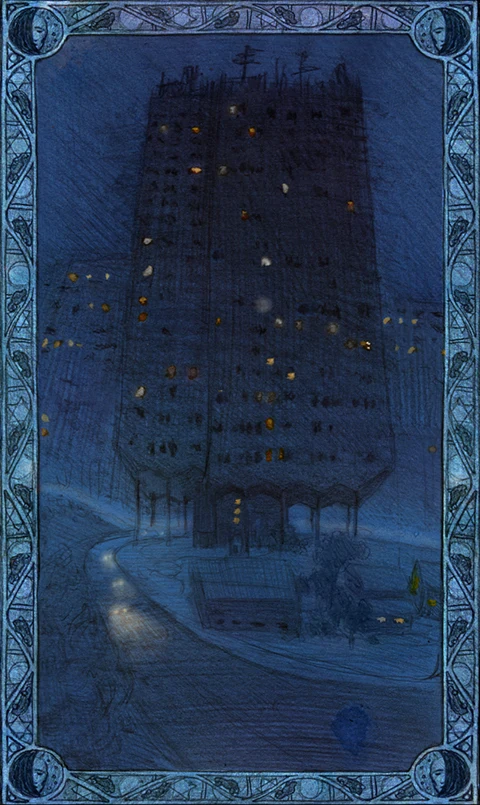 Moon Gift: a tower block at night with scattered lit windows above a curving road, inside a blue ornamental border