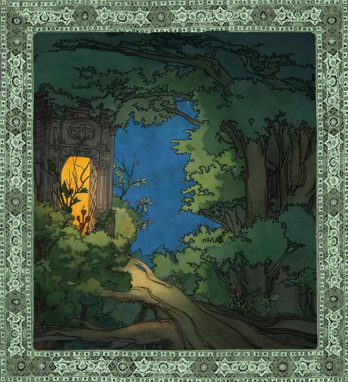 The Elevator: a glowing doorway in an ornate structure among dark forest trees under a blue night sky, inside a green patterned border